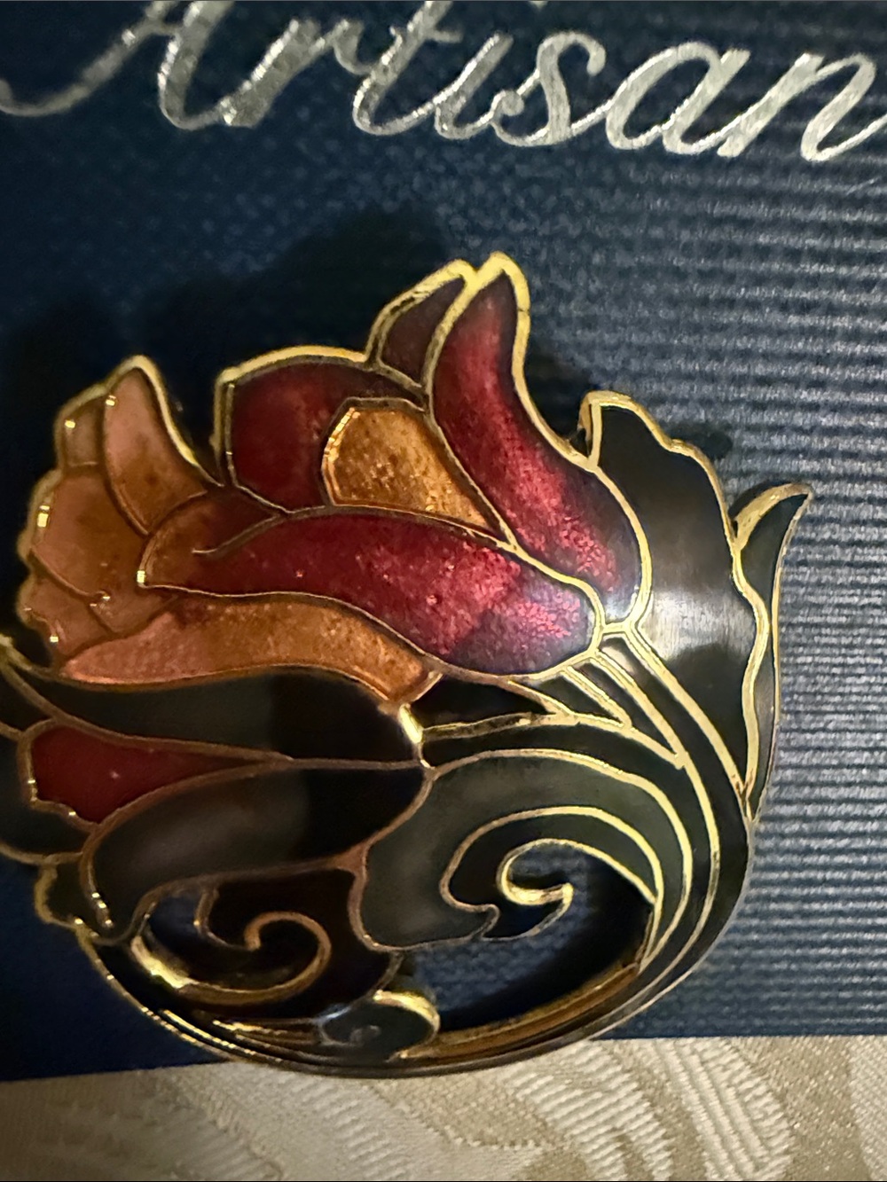 Artisan Enamel Floral Pin in Red, Black & Gold - Picture 2 of 2
